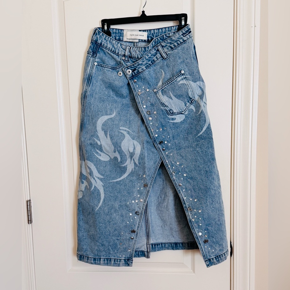Feng Cheng Wan Bedazzled Phoenix Washed-denim Midi Skirt size M